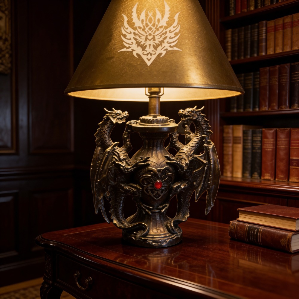 DWK Gothic Twin Dragon Table Lamp Bronze Finish Tribal Shade‎ Fantasy Decor 20"